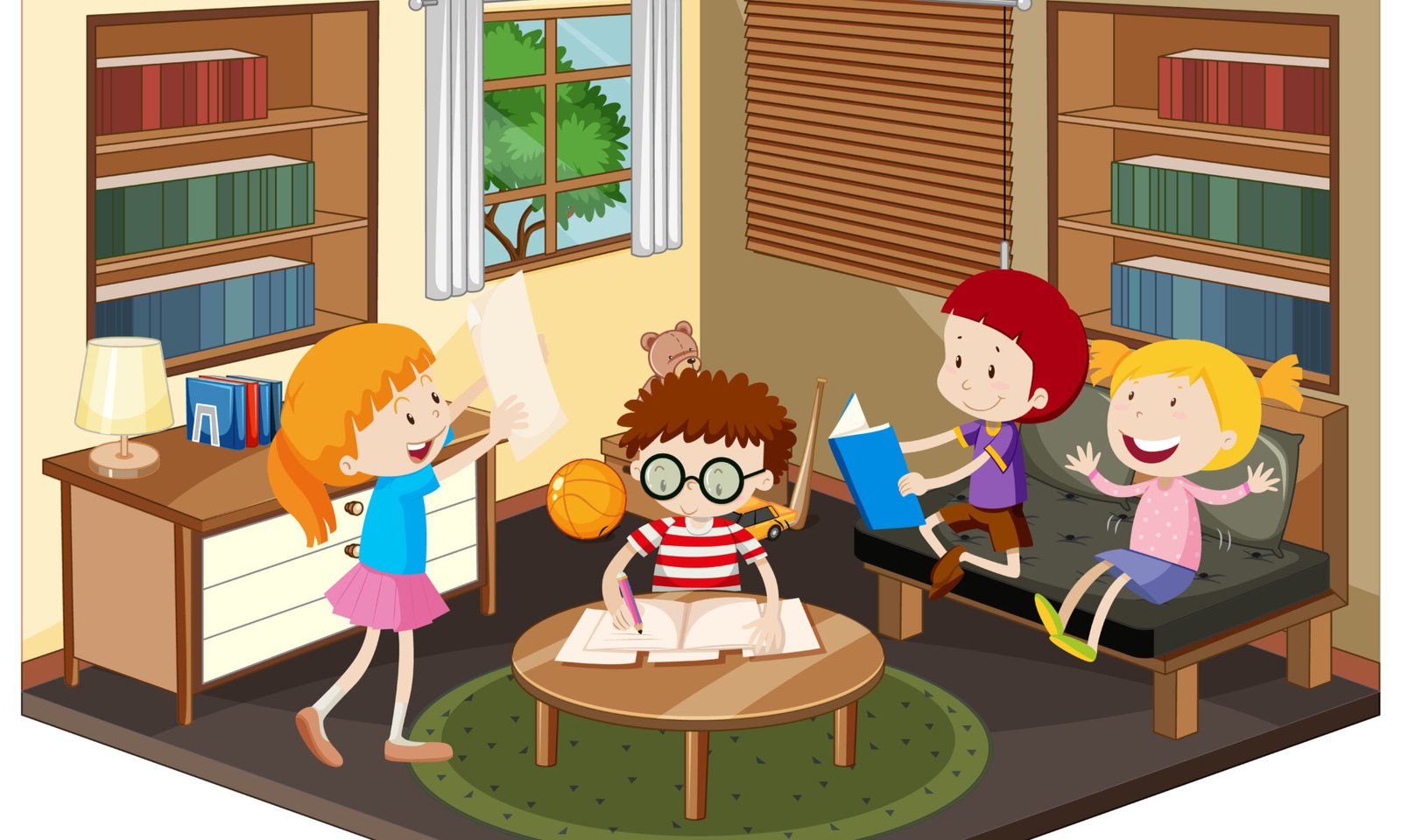 Happy kid doing homework in the living room
